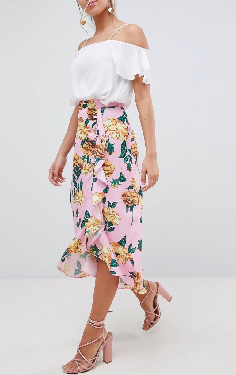 Asos design pink floral midi skirt, skirts to wear with trainers, pink floral skirt, wedding guest style ideas, Lady Loves fashion, 